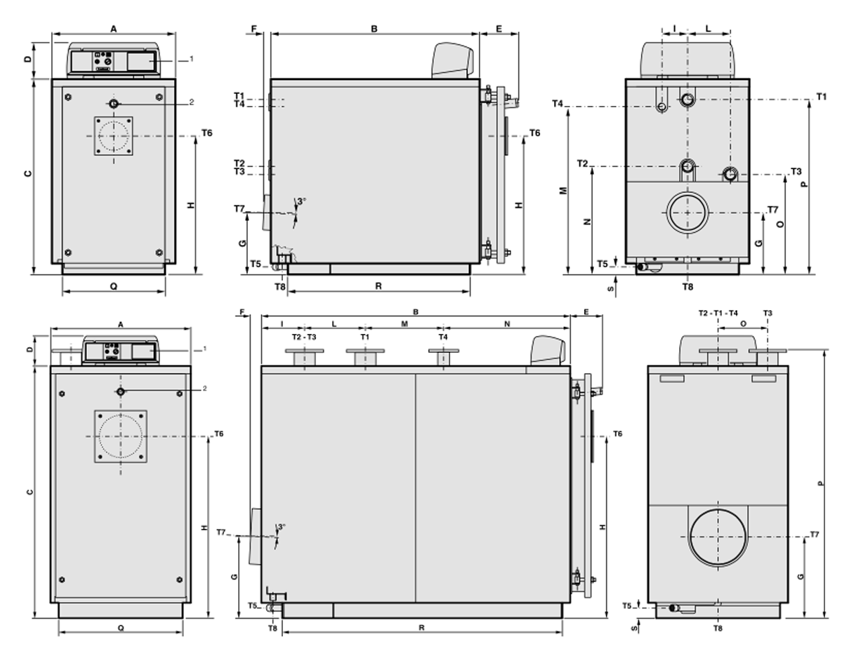 Габаритные размеры и подключения котлов XC-K 124 ÷ XC-K 570
